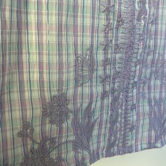 Johnny Was Malo Puff Sleeve Blouse Lilac Embroidered Plaid Bird Floral Small - Picture 9 of 13